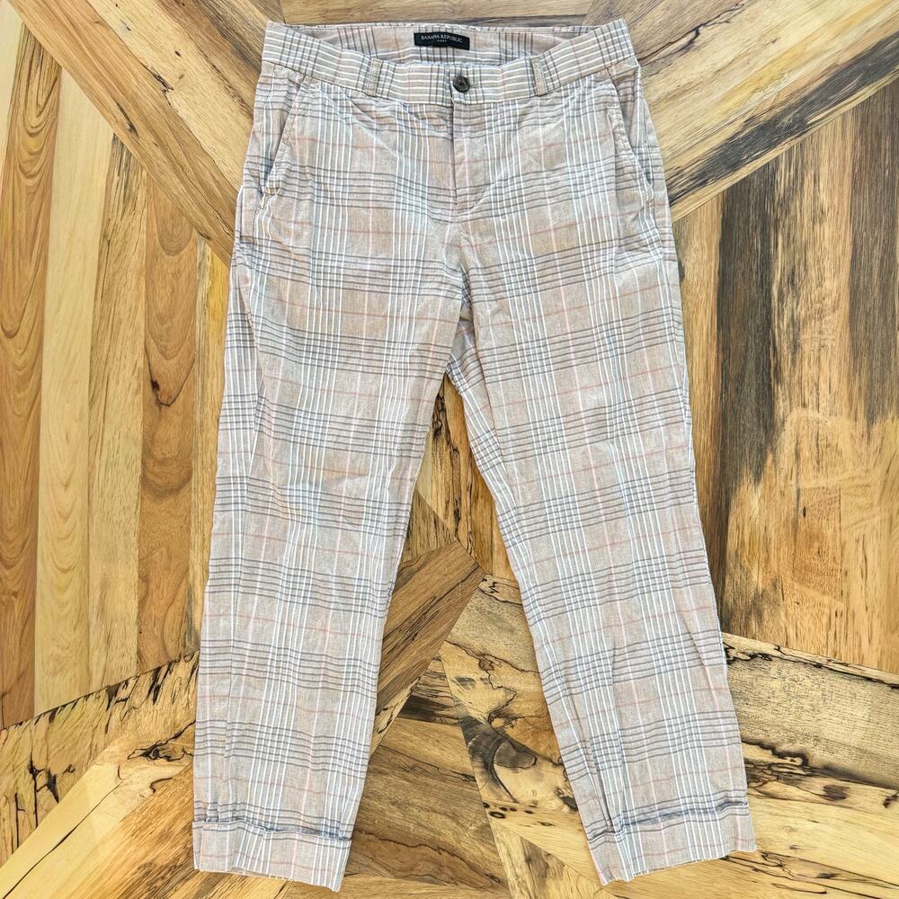 Banana Republic Avery Fit Linen Plaid Ankle Pants Slim Trouser Beige Cream SZ 6